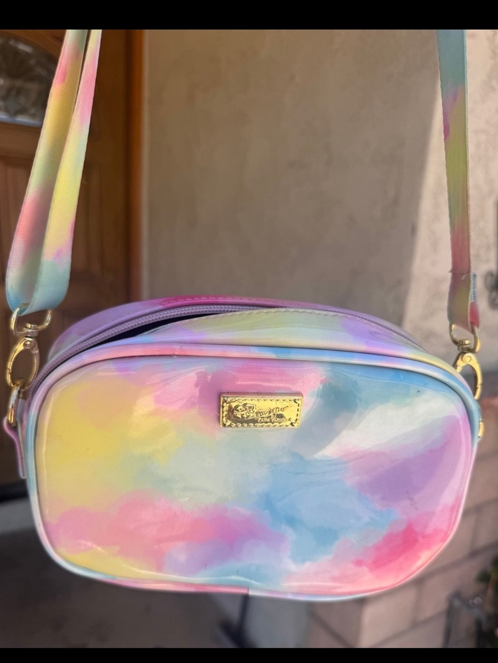 Betsey Johnson Rainbow Tie-Dye Crossbody Bag Gold Trim Purse Rare